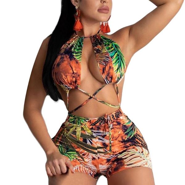 Maillot de bain femme 2021 maillot de bain feuilles imprimé motif hauts courts et short taille haute Bikini femmes deux pièces ensemble maillots de bain brésilien
