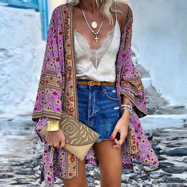 Traje de baño para mujer 2021 mujeres boho impresión floral ropa de playa kimono cardigan suelto manga larga chal capas blusa bikini cubierta envoltura al aire libre delgada