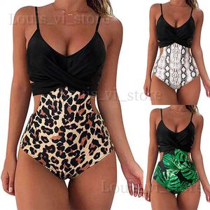 Maillots de bain pour femmes 2022 maillot de bain une pièce croisé imprimé léopard sexy maillot de bain dos nu peau de serpent T240222