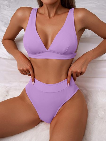 Swimwear Women 2022 Sexy High Waist Bikini Set Femme MAINTENANT FEMME BAISSEMENTS SOILDS RIBBED SOITS SUMM