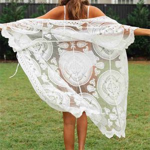 Maillots de bain pour femmes 2022 Sexy Women Beach Long Blouse Floral Sheer Lace Summer Cardigan Long Kimono Kaftan White Lace Long Maxi Wrap Top Cover Up T230505