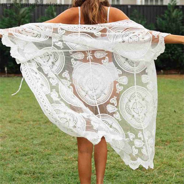 Traje de baño para mujer 2022 Mujeres sexy Playa Blusa larga Floral Sheer Lace Summer Cardigan Long Kimono Kaftan White Lace Long Maxi Wrap Top Cover Up T230505