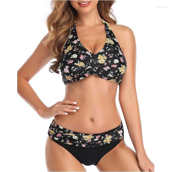 Traje de baño para mujer, productos de verano 2022, traje de baño de moda, Bikini cruzado con pliegues estampados, Bikini dividido con cuello Halter y triángulo