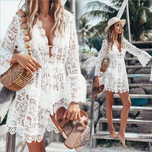 Dameszwemkleding 2022 Zomer Vrouwen Bikini Cover Up Floral Lace Hollow Crochet Swimsuit Cover-Ups Bathing Suit Beachwear Tunic Beachwomen's