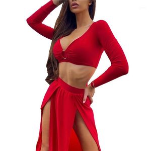 Dames badmode 2022 tweedelige kleding set vrouwen bikini cover-ups solide kleur diepe v-neck crop tops met lange mouwen en spleet skit zwempak