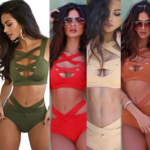 Maillots de bain pour femmes 2022 Femmes Bikini Ensembles Sexy Bandage Vert Orange Maillots de bain Summer Beachwear Maillot de bain sans rembourrage Baigneur