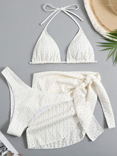 Traje de baño de mujer 2023 conjunto de 3 piezas traje de baño de mujer Tanga Sexy Micro Bikini con falda pareo blanco ropa de playa traje de baño rosa sólido