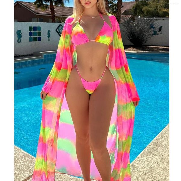 Maillots de bain pour femmes 2023 3pack avec kimono femmes imprimé tropical bikini maillot de bain plage couvrir licou ensemble vêtements de plage