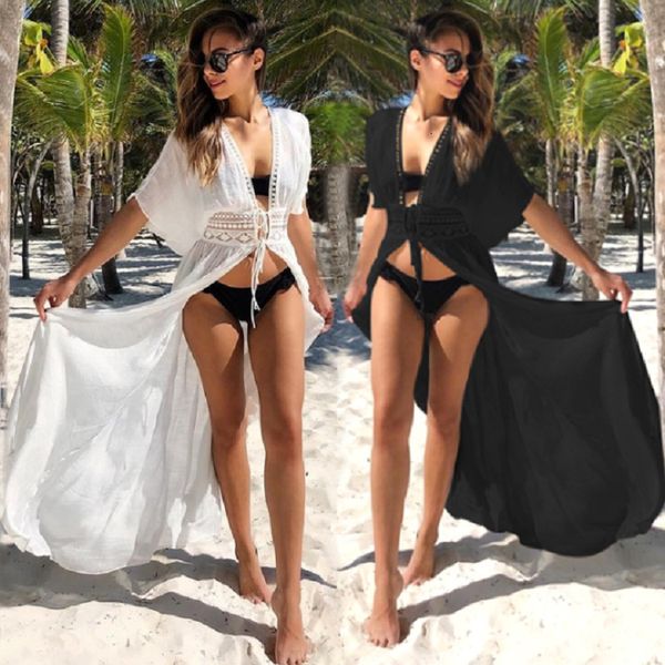 Maillots de bain pour femmes 2023 Boho Blanc Crochet Tricoté Plage Cover Up Robe Tunique Longue Pareos Bikinis Swim Robe Plage Beachwear 230504