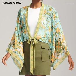 Dames Badmode 2023 BOHO Vrouwen Groen Fruit Citroen Print Kimono Shirt Vleermuis Mouw V-hals Vetersluiting Strik Getij Vest Zomer Strand Cape
