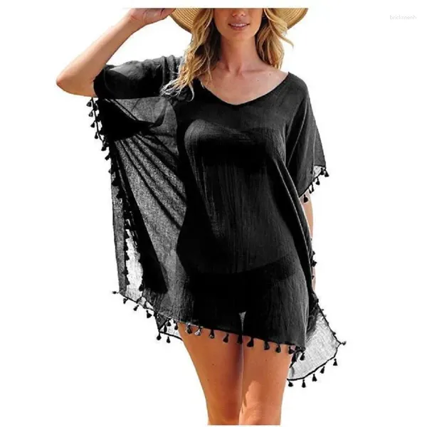 Traje de baño para mujer 2023 gasa borla ropa de playa traje de baño capucha verano mini vestido playa falda suelta blusa sólida