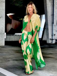 Dameszwemkleding 2023 Cover-ups Beach Kimono Green Print Floral Chiffon Boho Tunic voor strandzwempak Cover Up Kaftan over maat strandkleding Pareo T230505