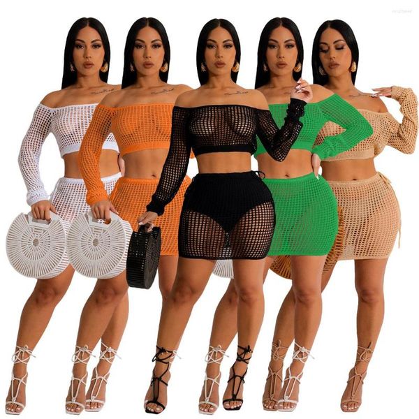 Traje de baño de mujer 2023 Crochet 2 piezas Beach Cover-ups Set Mujeres Off Shoulder Crop Top Mini faldas Mujer Wear Cover Up