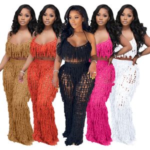 Maillots de bain pour femmes 2023 Crochet Tassel 2 Pieces Beach Outfits Cover ups Sexy Women Crop Tops Long Pants For Feamle Wear Coverups 230426