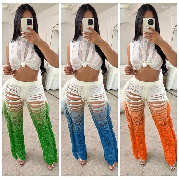 Maillots de bain pour femmes 2023 Crochet Tie Dye 2 Two Piece Beach Wear Cover-ups Sexy Women Hollow Out Tank Top Long Pants Bikini Cover Up