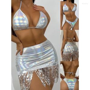 Maillots de bain pour femmes 2023 Maillot de bain fendu européen et américain Trois pièces Glitter Tissu Sexy Tassel Beach Party Bikini Femmes