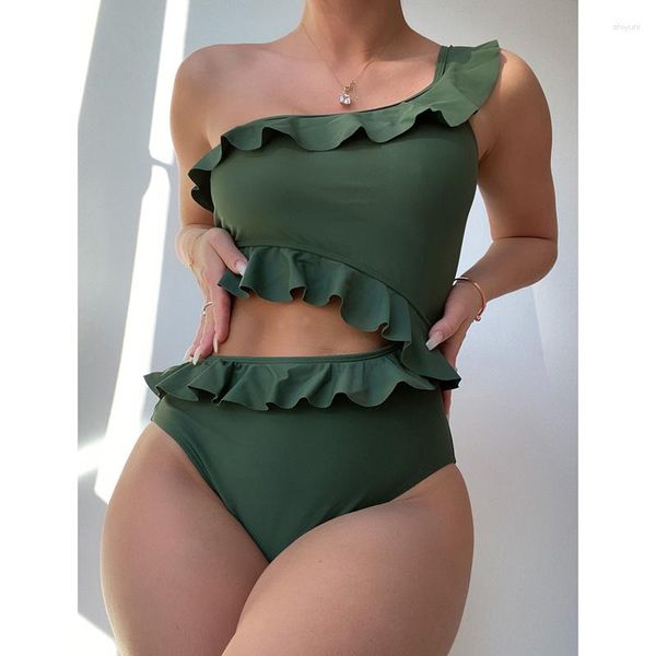 Maillots de bain pour femmes 2023 Fashion Ruffle Femmes Bikini Sans manches Une épaule Solid Beach Wear Cutout Monokini Maillots de bain brésiliens