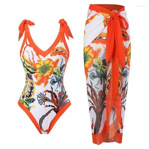 Dameszwemkleding 2023 Floral Dames 2 Pack Bikini Swimsuits With Chiffon Wrap Sarong Bathing Suits Beach Long Cover Ups Rok Monokini