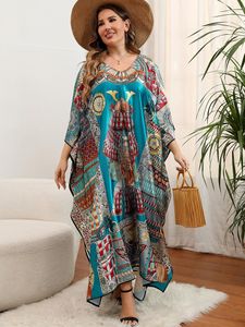 Dames badmode 2023 groen vintage bedrukte lange kaftan boho satijn maxi jurk retro zomer kleding vrouwen strand slijtage zwempak bedek