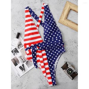 Maillots de bain pour femmes 2023 Jour de l'Indépendance Sexy Taille haute Strappy Bikini Bandage 4 juillet Drapeau américain patriotique Été One-Pièce