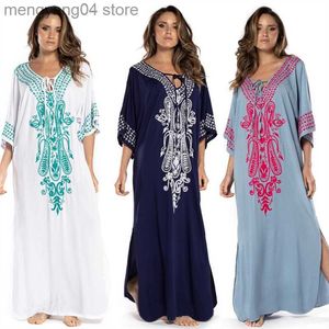 Dames badmode 2023 Indie folk geborduurd korte mouw zomerjurk katoen tuniek strand kaftan dames strandkleding zwempak bedekje mantel de plage t230505