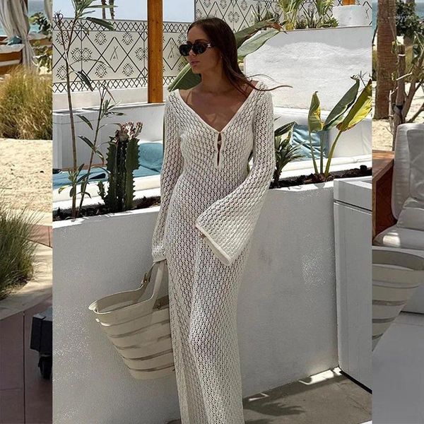 Traje de baño para mujer 2023 Cubierta de punto Playa elegante Sólido Sexy Ver a través de bodycon Maxi Vestido acampanado Mangas largas Bikinis Encubrimientos para