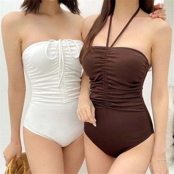 Swimwear Women 2023 Korean Style Trawstring One-Piece Swimsuit Femmes Ins Simple Tube Top était mince Bikini