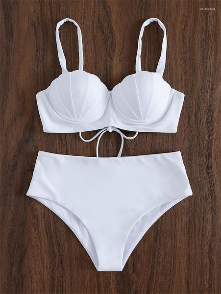 Traje de baño para mujer 2023 Ropa de dama Bikinis blancos Conjunto de cintura alta con aros Push Up Bikini para mujer Traje de baño Traje de baño Biquini