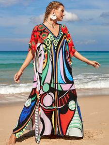 Traje de baño de mujer 2023 suelto estilo bohemio Maxi vestido estampado cara traje de baño encubrimiento bohemio bata Plage Kaftan ropa de playa túnicas 230503