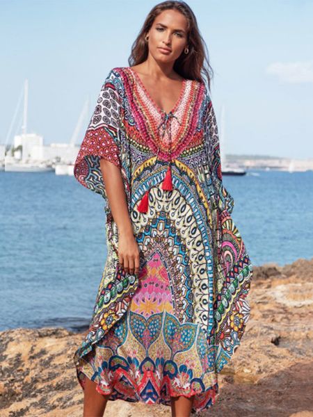 Maillots de bain pour femmes 2023 caftan marocain bohème imprimé Robe d'été longue tunique femmes grande taille vêtements de plage maillot de bain couvrir Robe de plage 230506