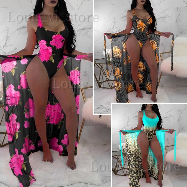 Traje de baño para mujer 2023 Nuevo Bikini Hot Springs Traje de baño para mujer Tres piezas Máscara de malla Camisa Contraste Impreso Bikini T240222