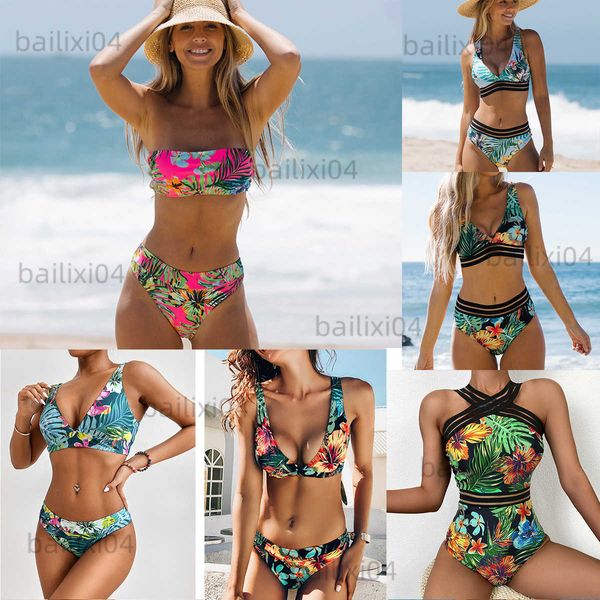 Traje de baño de mujer 2023 Nuevas hojas rosadas Impreso Cintura baja Conjunto de bikini de dos piezas Traje de baño Mujer Ropa de playa Traje de baño Traje de baño Micro Bikini T230417