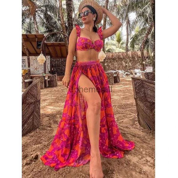 Traje de baño para mujer 2023 Nuevo traje de baño retro Conjunto de bikini para mujer Vestido de playa Traje de baño Vino Pintura roja Estilo de impresión Traje de baño de verano Ropa de playa YQ231215