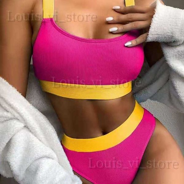 Traje de baño para mujer, novedad de 2023, Bikini liso dividido sexi con tirantes anchos para el hombro, traje de baño, Bikini, traje de baño T240222