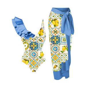 Dameszwemkleding 2023 Nieuwe Dames Vintage Color Block Print Geplooid Zomerstrand Elegante modeontwerper Eendelig asymmetrisch bikinibadpak J230506