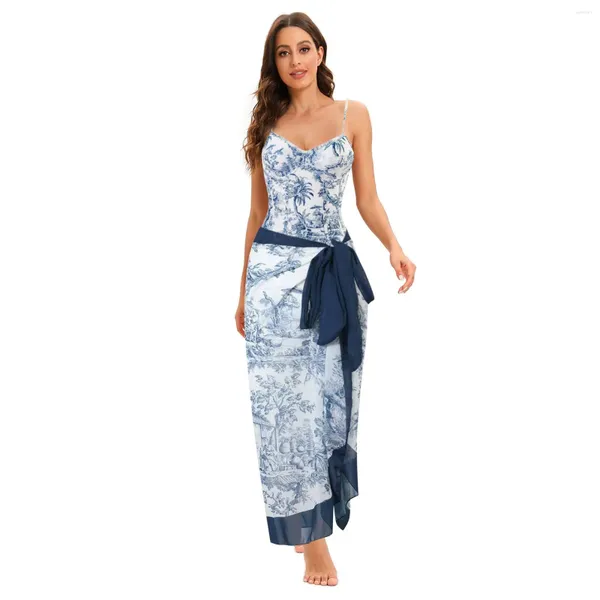 Traje de baño para mujer 2023 Traje de baño de una pieza para mujeres con bikini Maxi Wrap Faldas 2 Traje de baño con estampado floral Control de barriga Tankini Set