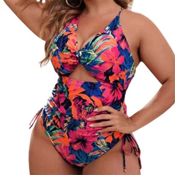 Traje de baño de mujer 2023 de una pieza Fat Lady Bikini de gran tamaño Traje de baño Estampado Reúna ahuecado hacia fuera Natación ajustada Traje de baño de playa para mujer Conjunto 4XL P230426