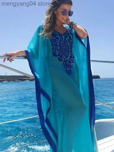 Maillots de bain pour femmes 2023 grande taille bleu brodé été maillots de bain en mousseline de soie caftan plage femme tunique Robe de bain Robe plage maillot de bain couvrir # Q746 T230505