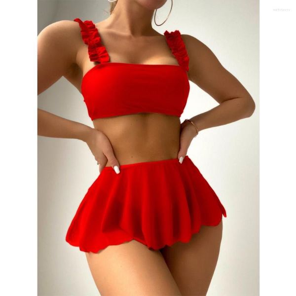 Traje de baño para mujer 2023 traje de baño rojo mujeres sexy cintura alta falda de tres piezas bikini volante suspensión pecho envoltura verano playa traje de baño