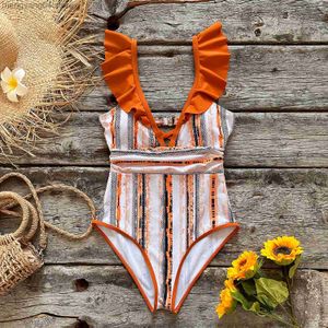 Maillots de bain pour femmes 2023 à volants une pièce maillots de bain femmes Patchwork col en V maillot de bain contrôle du ventre maillot de bain été Monokini femme T230606