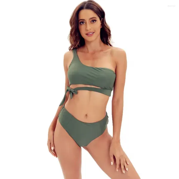 Traje de baño para mujer 2023 Bikini de color sólido separado Sexy Un hombro Correa de cintura alta Traje de baño Mujeres Tallas grandes Conjuntos de playa de verano Ropa 2XL