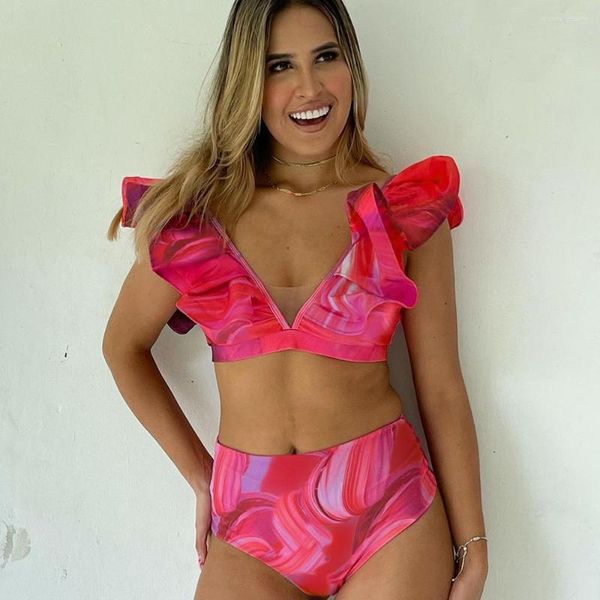 Traje de baño para mujer 2023, conjunto de Bikini Sexy para mujer, traje de baño de vendaje con volantes de hilo de red acolchado con realce Floral, traje de baño, ropa de playa, Biquini