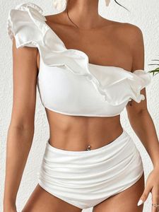 Maillots de bain pour femmes 2023 Sexy taille haute volants Bikini ensembles solide blanc bandeau femmes maillots de bain maillot de bain brésilien Biquini