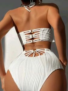 Maillots de bain pour femmes 2023 Sexy High Wasited Maillot de bain Femmes Solid Blanc Bikini Col Haut Maillots de bain Femme Baigneurs Baignade Maillot de bain Beachwear T240328