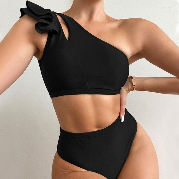 Traje de baño para mujer 2023, Bikini Sexy de un hombro para mujer, traje de baño sólido de cintura alta, Bikini negro con volantes, ropa de playa para mujer, trajes de baño