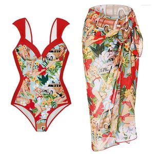 Dames Badmode 2023 Sexy Bedrukte Bikini Rood Eendelig Badpak Retro Vrouwen Badpak Zomer Rok Strandkleding Plus Size Luxe