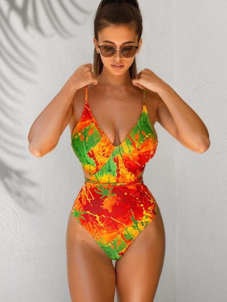 Traje de baño para mujer 2023 Sexy Tie Dye traje de baño de una pieza para mujer cuello en V profundo estampado vendaje corte alto Tanga traje de baño ropa de playa Trikini