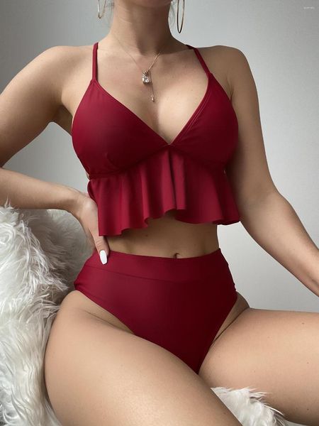 Traje de baño para mujer 2023, conjunto de Bikini de 2 piezas con volantes de Color sólido, traje de baño Sexy con cuello Halter para mujer, traje de baño de cintura alta, Biquini