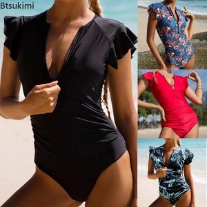 Dames Badmode 2023 Zomer Eendelig Badpak Dames Conservatieve Print Ruches Half Pack Strandkleding Voor Rits Badpakken Bikinisets