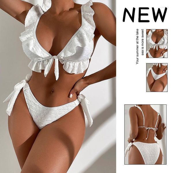 Maillots de bain pour femmes 2023 été à volants Wrap cravate taille moyenne Bikini ensemble pour femmes maillot de bain Sexy col en v Bikinis deux pièces maillot de bain